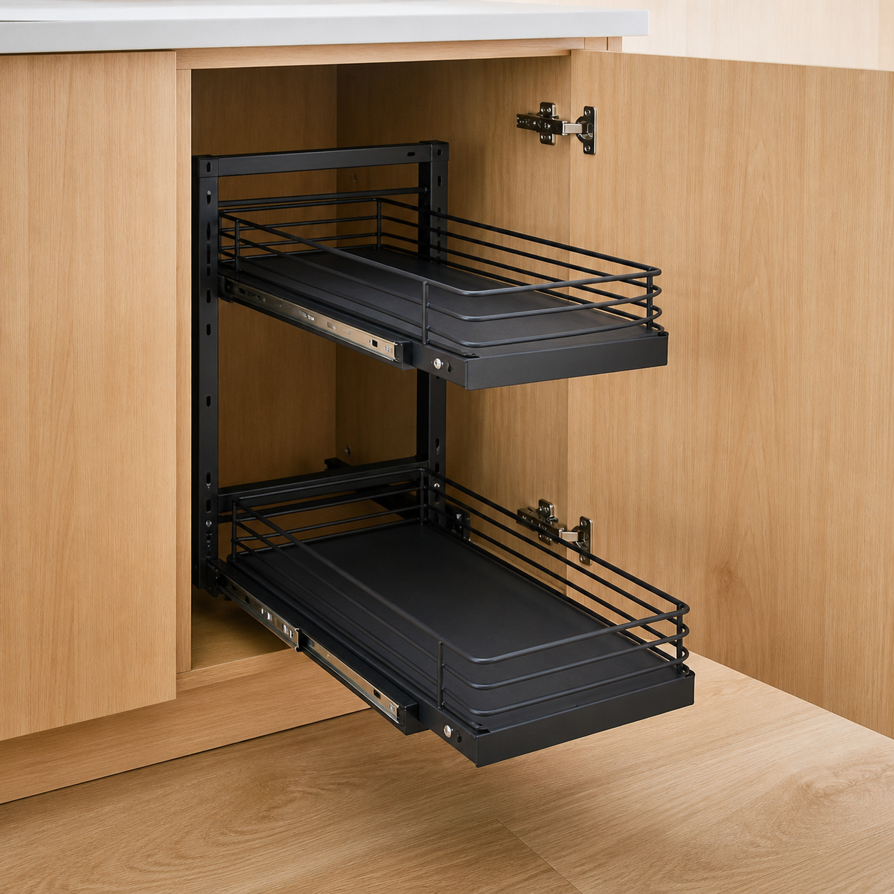 AI-generated visualization — Pull-out Double-layer Lath Drawer Kitchen Cabinet Spice Jar Pull-out Basket Retractable Storage Rack, view 2