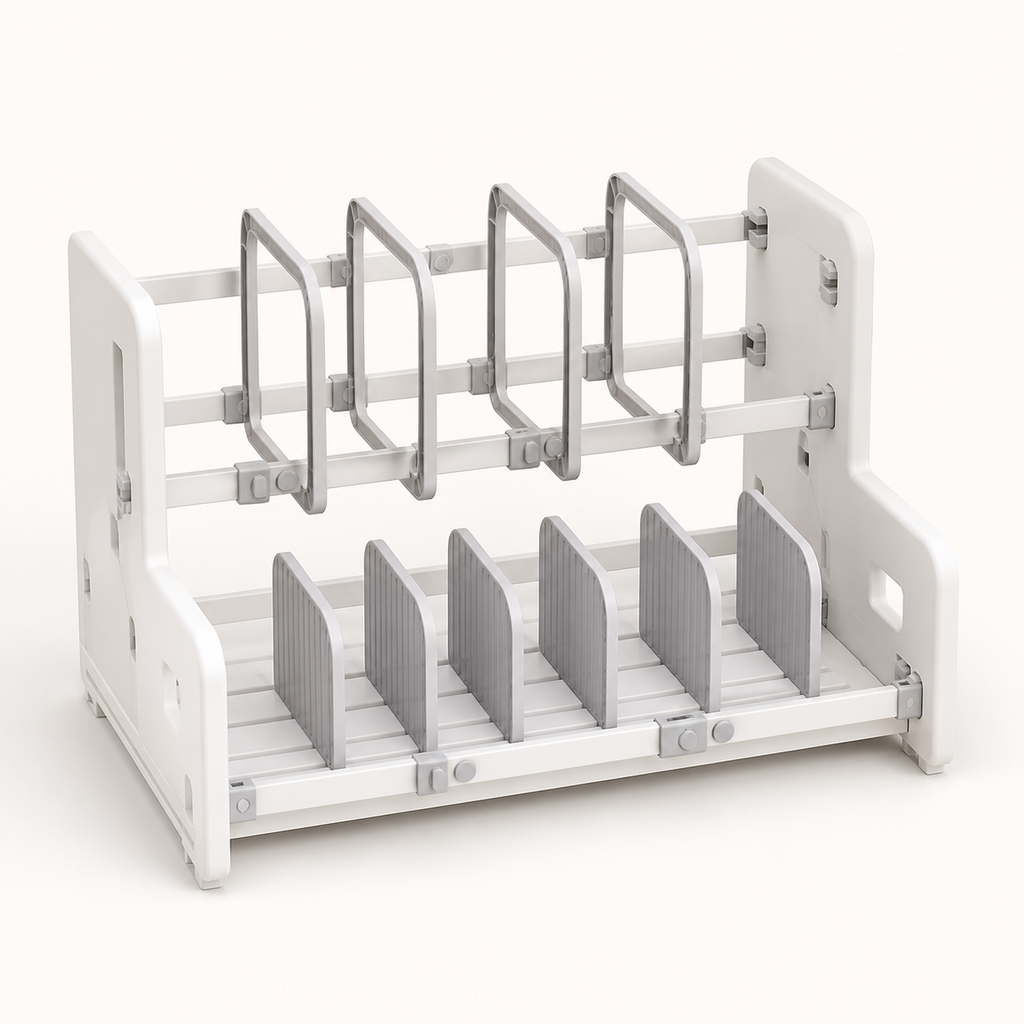 AI-generated visualization — Scalable Kitchen Storage Rack With Layered Dishes And Bowls, view 1