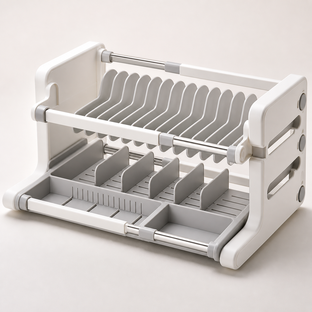 AI-generated visualization — Scalable Kitchen Storage Rack With Layered Dishes And Bowls, view 3