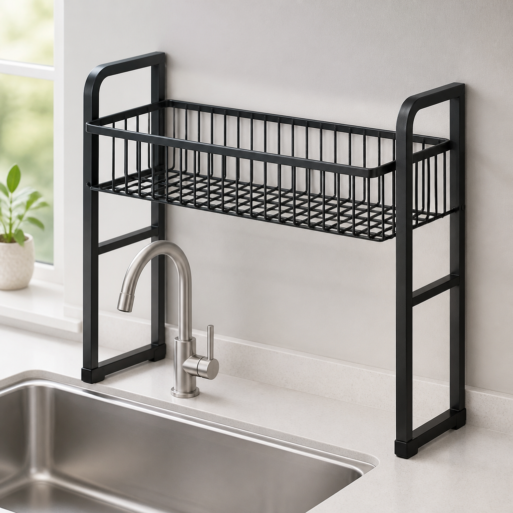 AI-generated visualization — Kitchen Space Aluminum Sink Faucet Storage Rack Dishwasher Vegetable Sink Supplies Household Drain Basket Bathroom Accessories, view 2